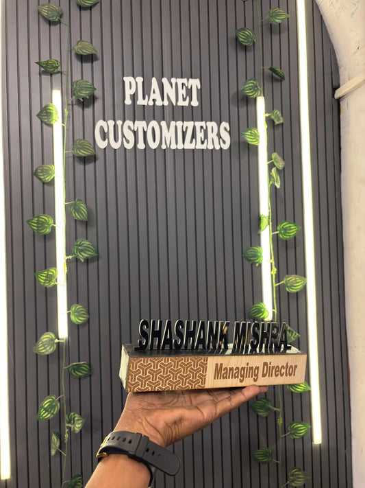 Customised Table Top Acrylic Name Cutting with Wooden Engraved Base
