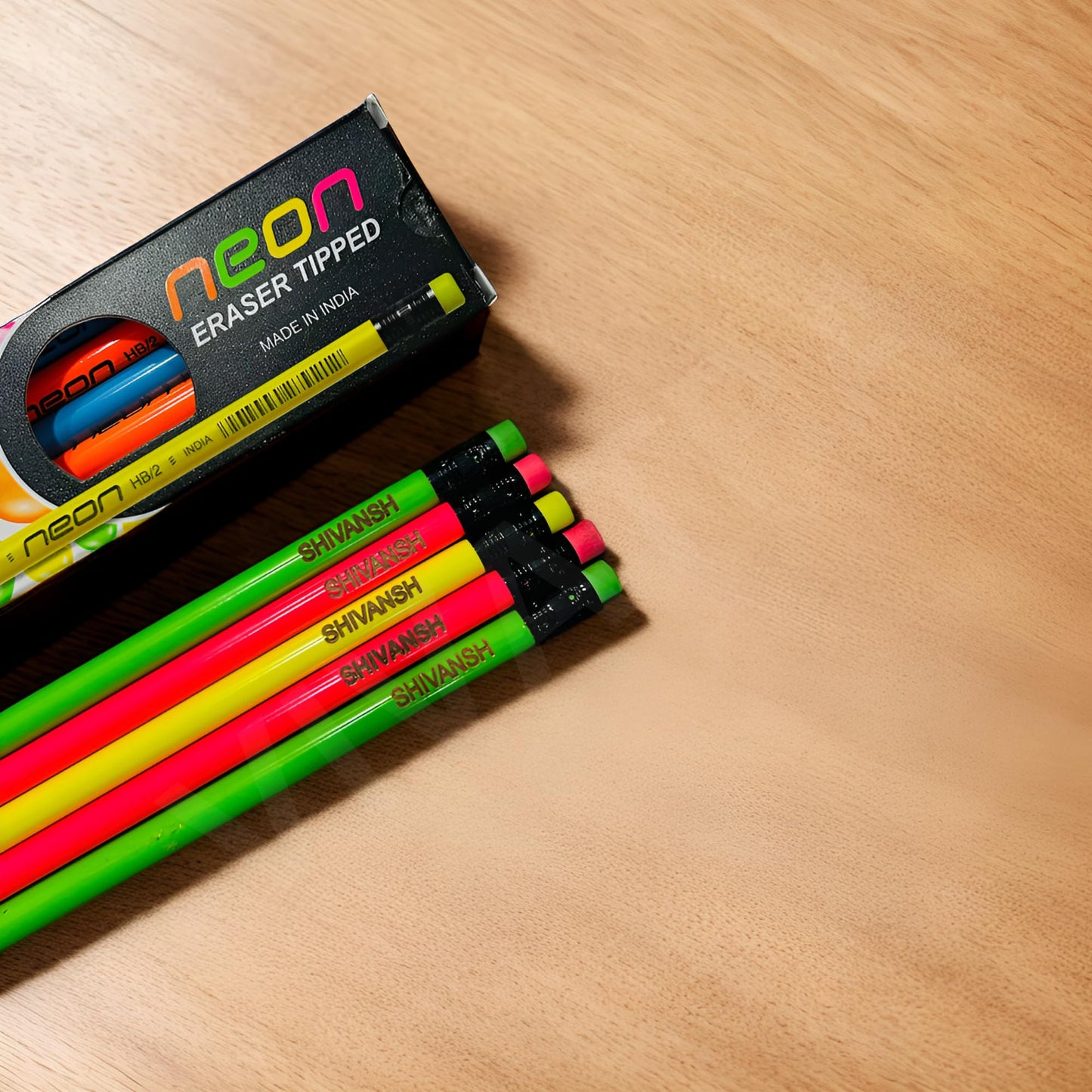 DOMS Neon Customised Name Pencil Box (10 Pencils + Free Sharpener)