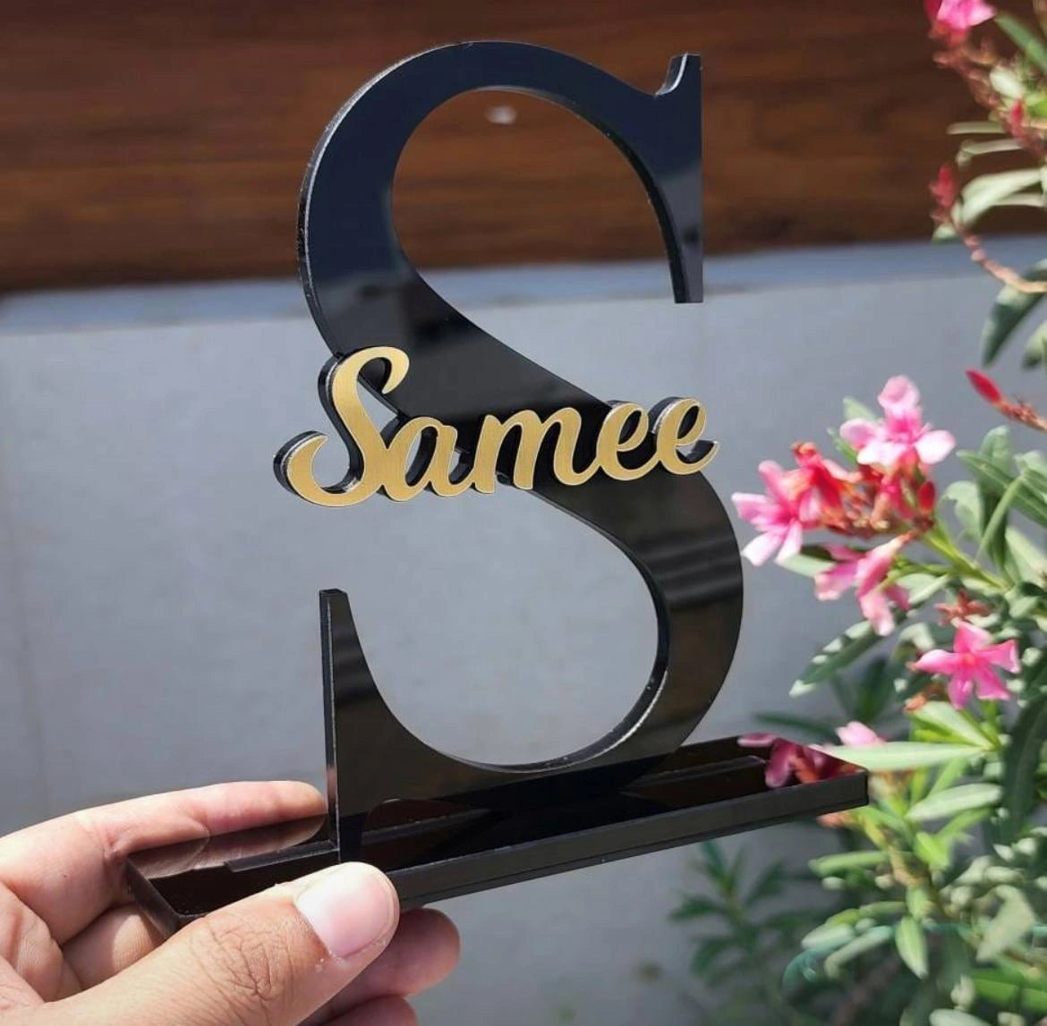 Customised Acrylic Initial Letter with Golden Name Cutting & Wooden Stand
