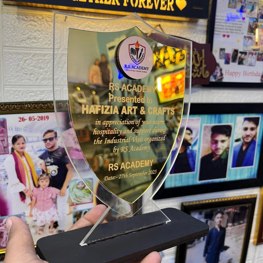 Customised Acrylic Shield Trophy with Wooden Base