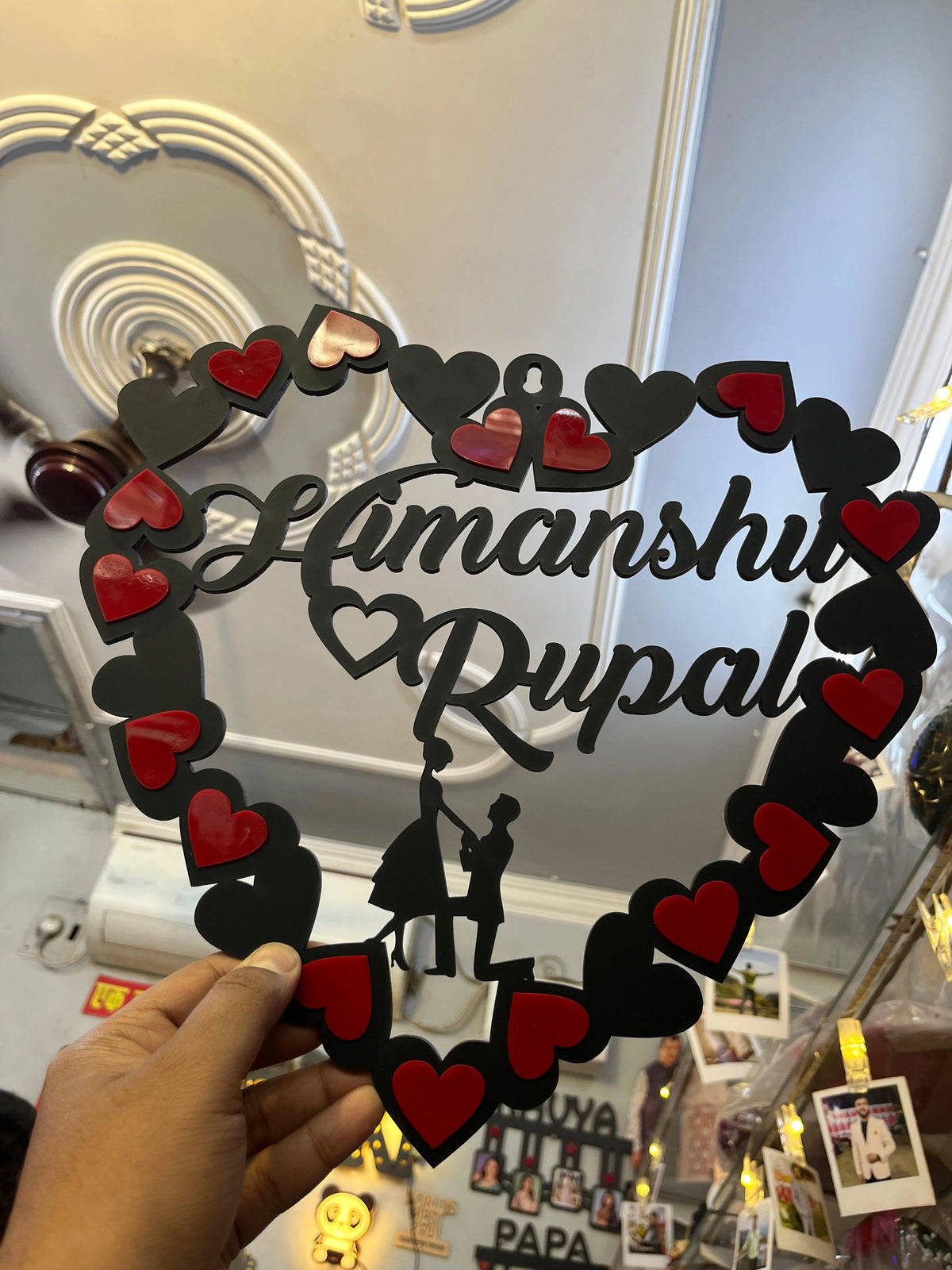 Customised Heart Shape Wall Hanging with Red Hearts & Name Cutting
