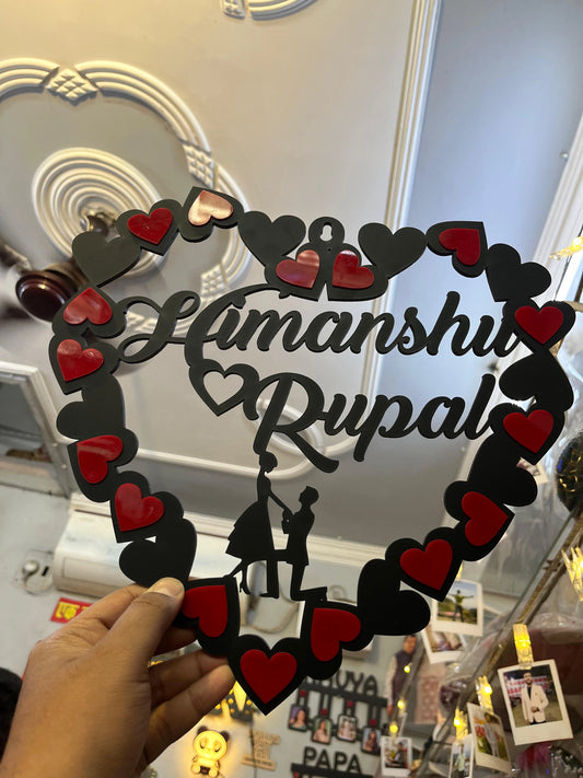 Customised Heart Shape Wall Hanging with Red Hearts & Name Cutting