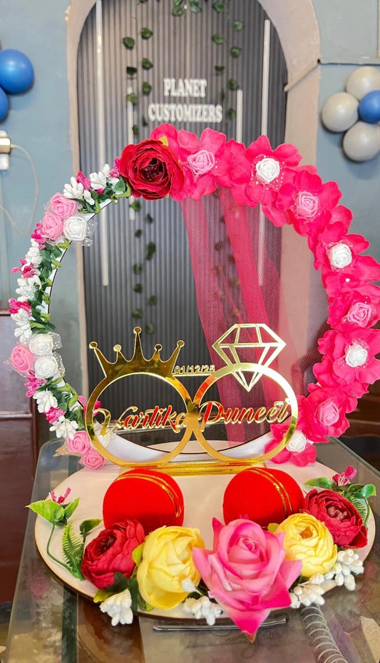 Customised White Ring Platter with Flowers & Golden Name Cutting