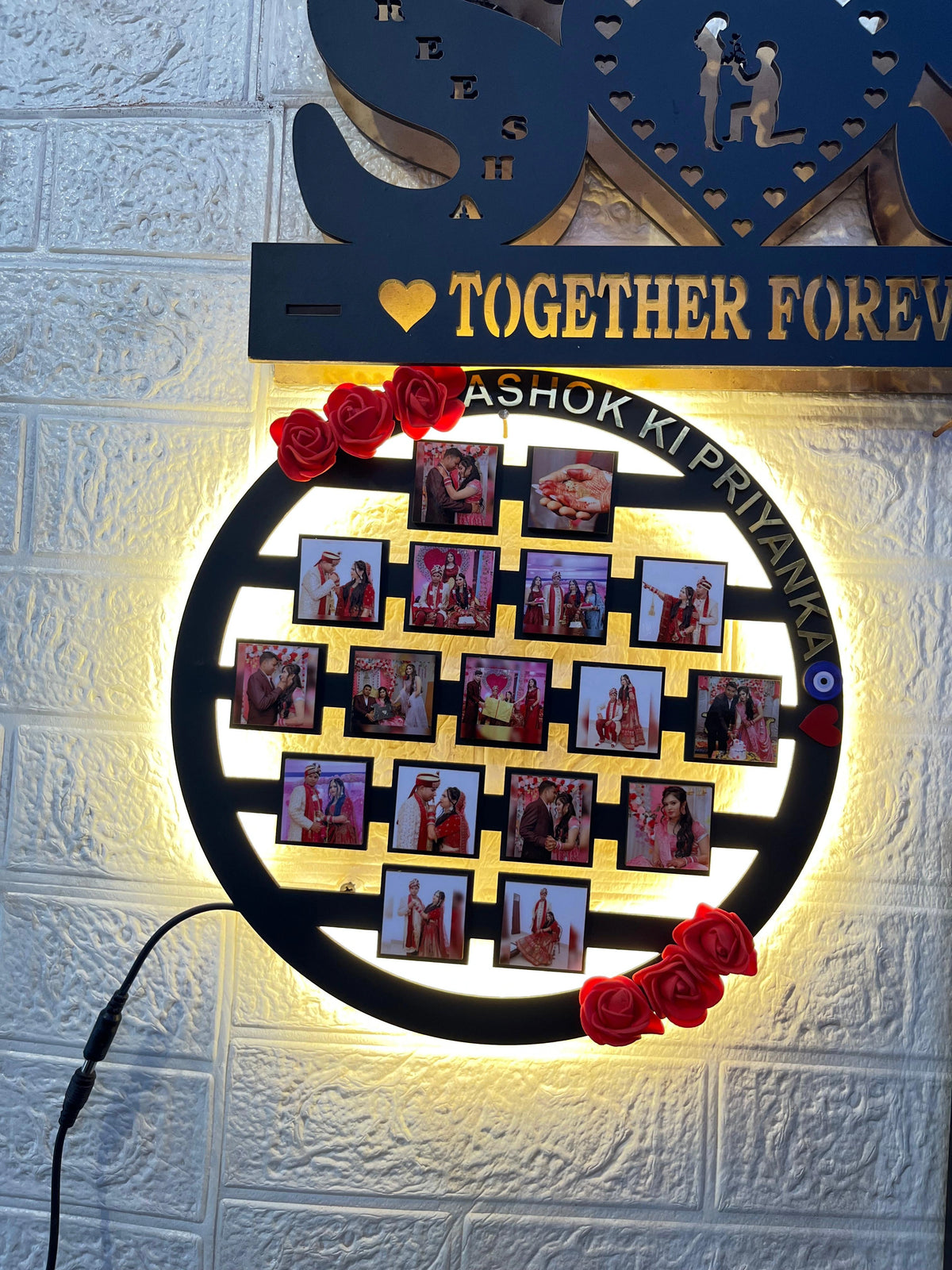 Customised Wooden Ring Photo Frame with LED & Flowers