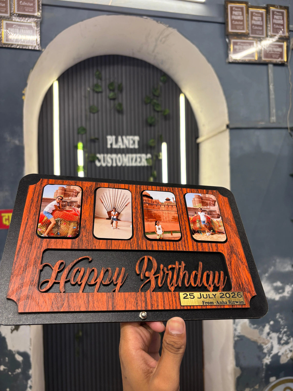 Customised Wooden Standee with Sublimation Photos & Golden Engraved Strip