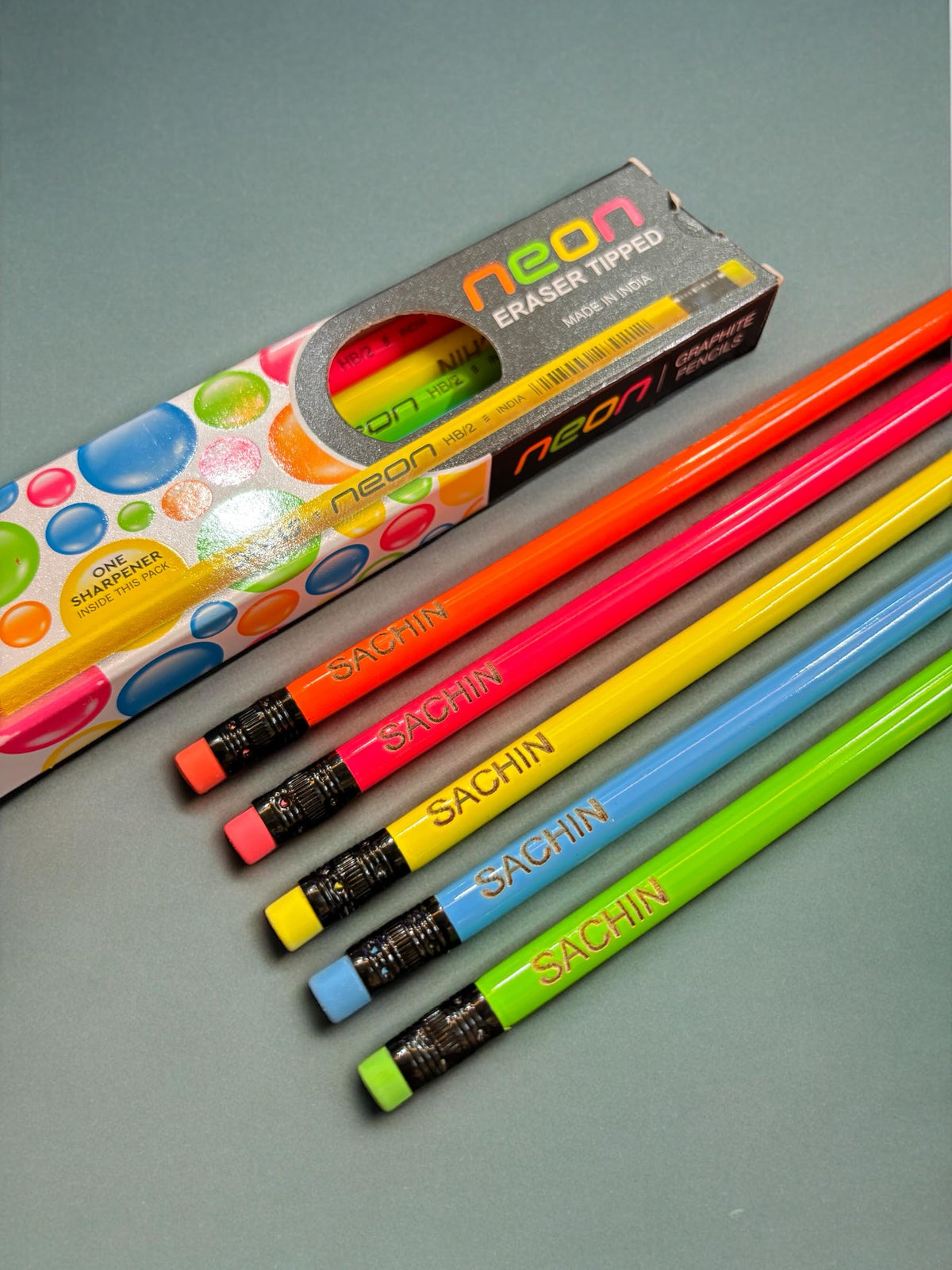 DOMS Neon Customised Name Pencil Box (10 Pencils + Free Sharpener)