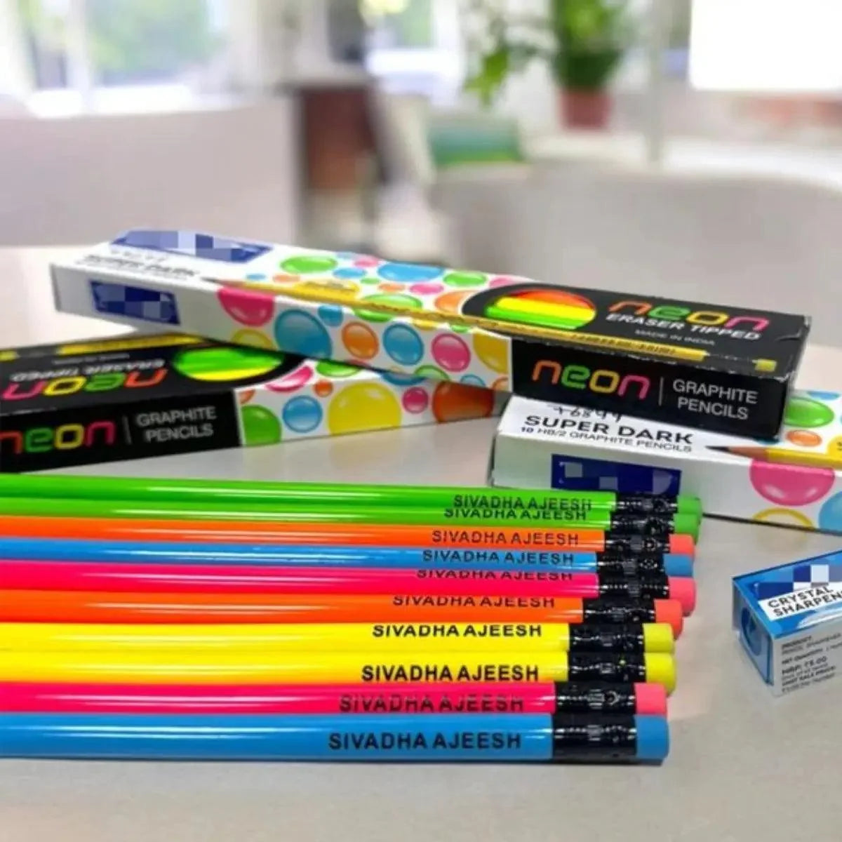 DOMS Neon Customised Name Pencil Box (10 Pencils + Free Sharpener)
