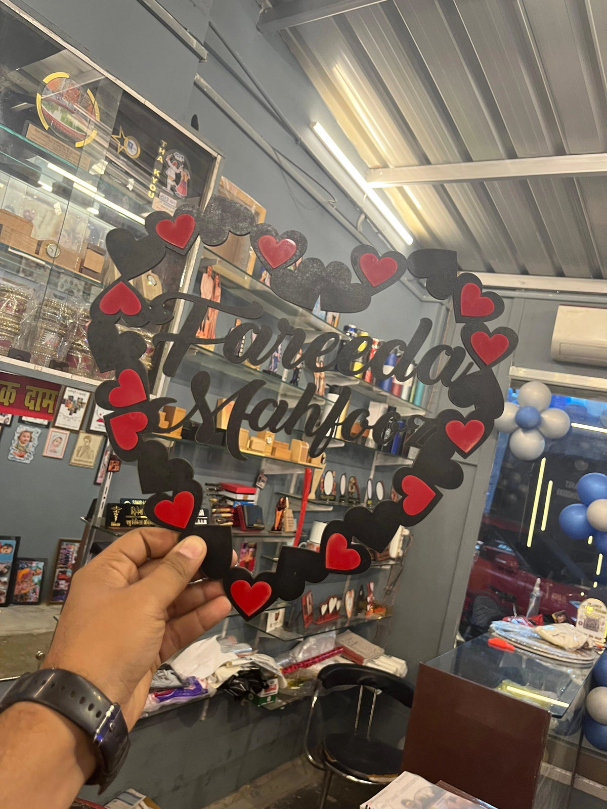 Customised Heart Shape Wall Hanging with Red Hearts & Name Cutting