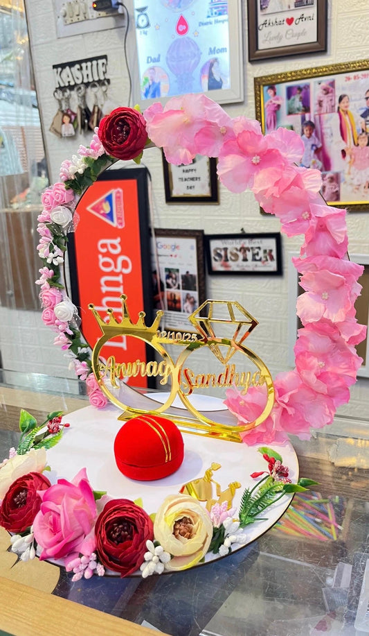 Customised White Ring Platter with Flowers & Golden Name Cutting