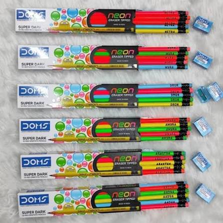 DOMS Neon Customised Name Pencil Box (10 Pencils + Free Sharpener)