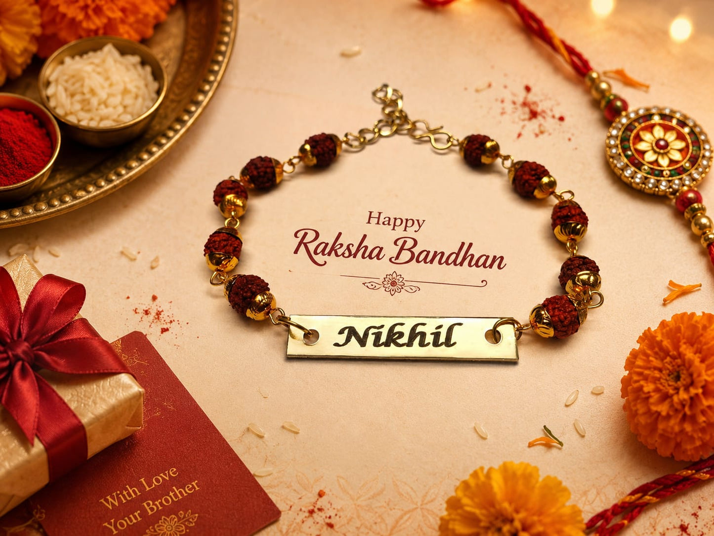 Personalized Rudraksha Name Rakhi for Brother | Custom Name Raksha Bandhan Bracelet