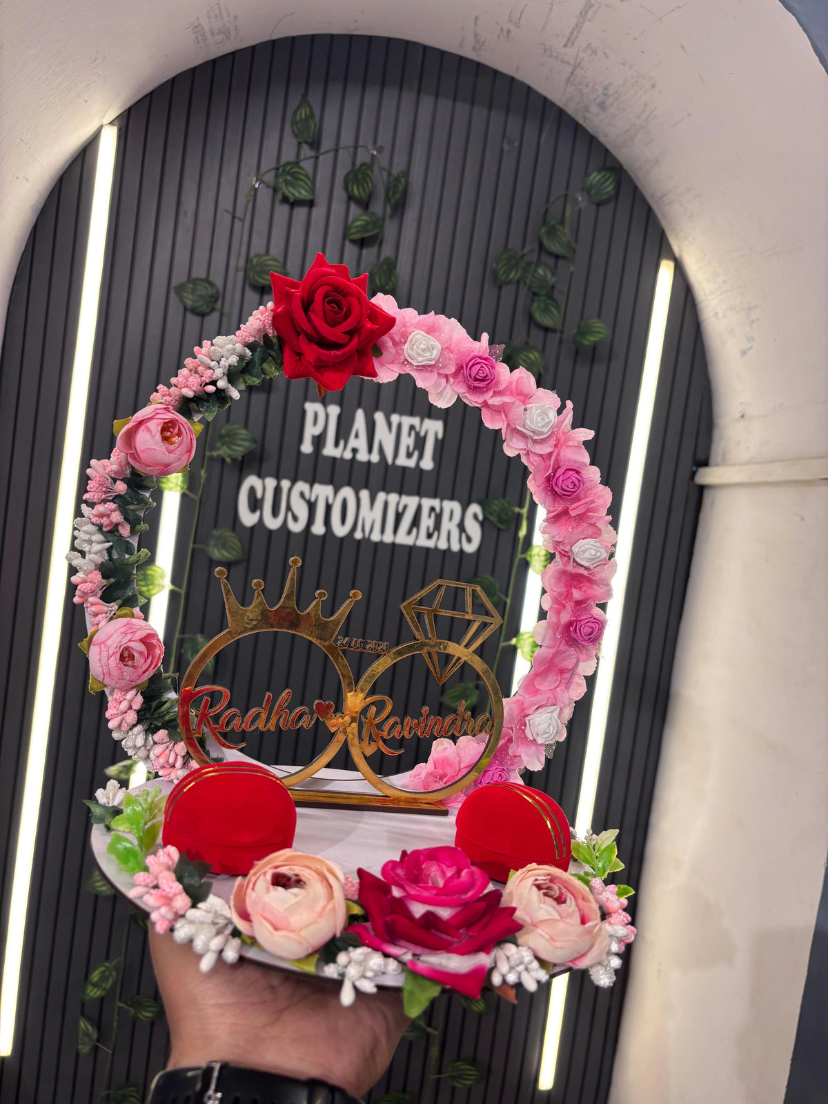 Customised White Ring Platter with Flowers & Golden Name Cutting
